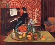 Woman playing the piano and still life